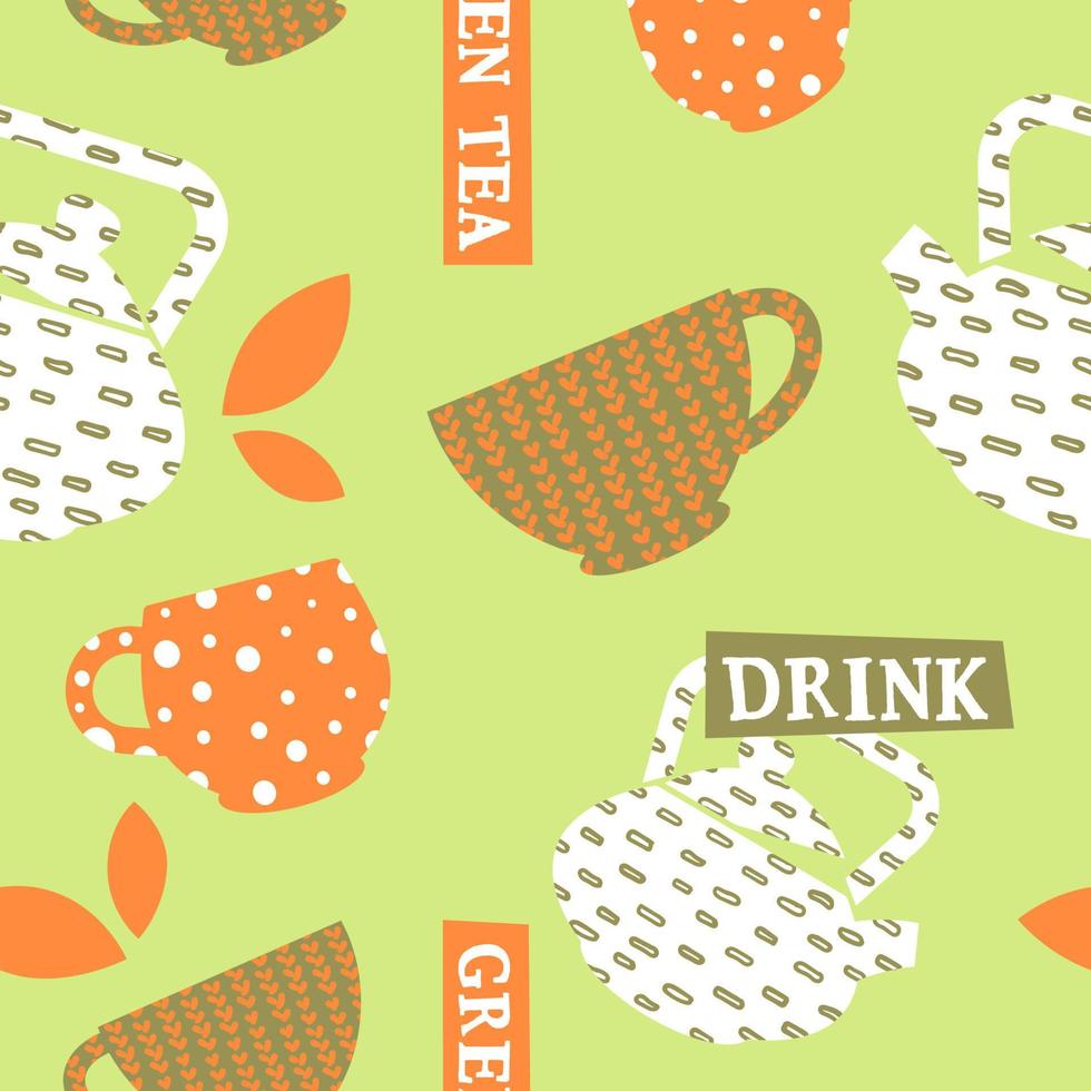 Green tea drink, shop or store seamless pattern vector