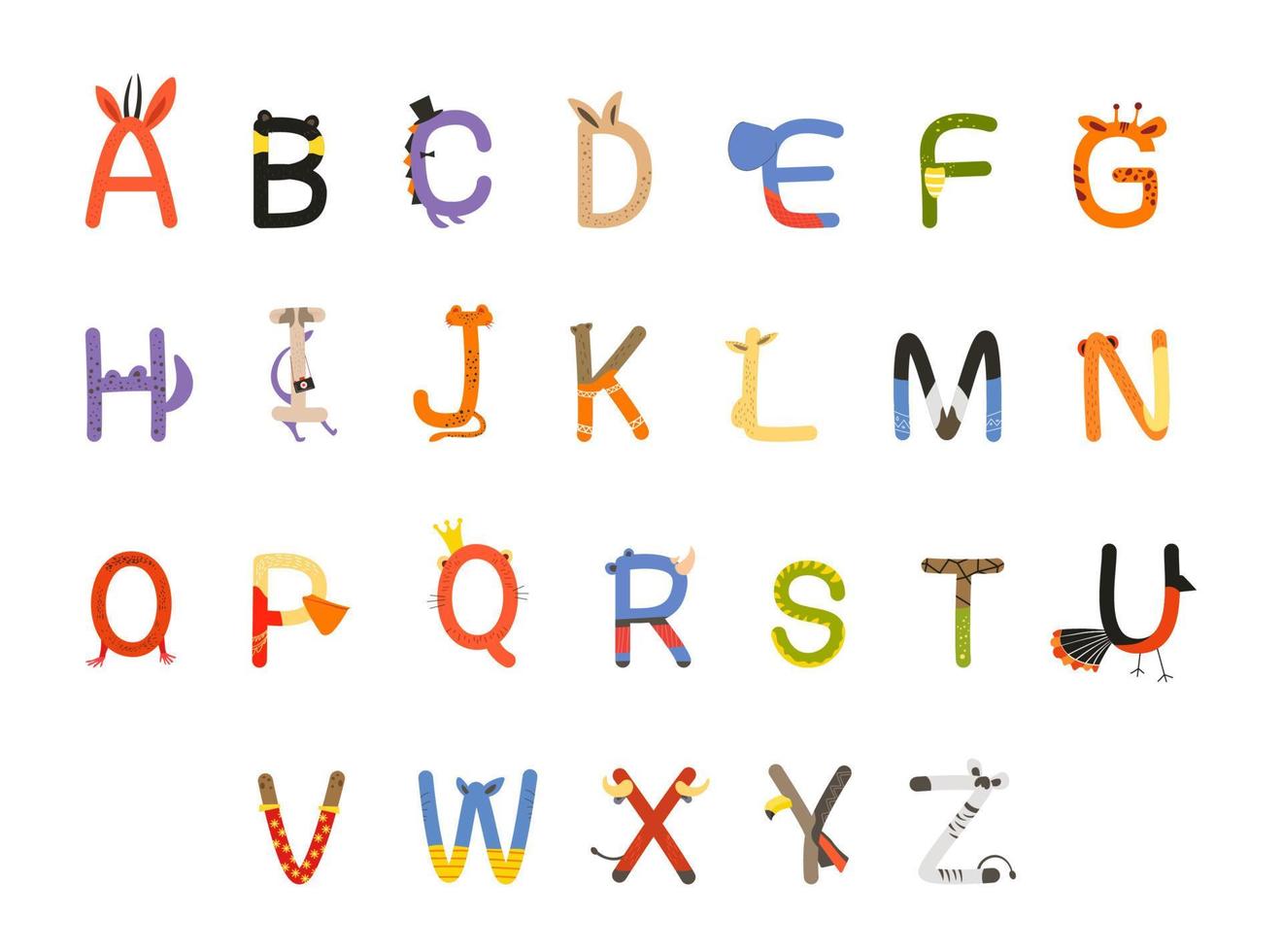 Font alphabet design with colorful animals concept vector