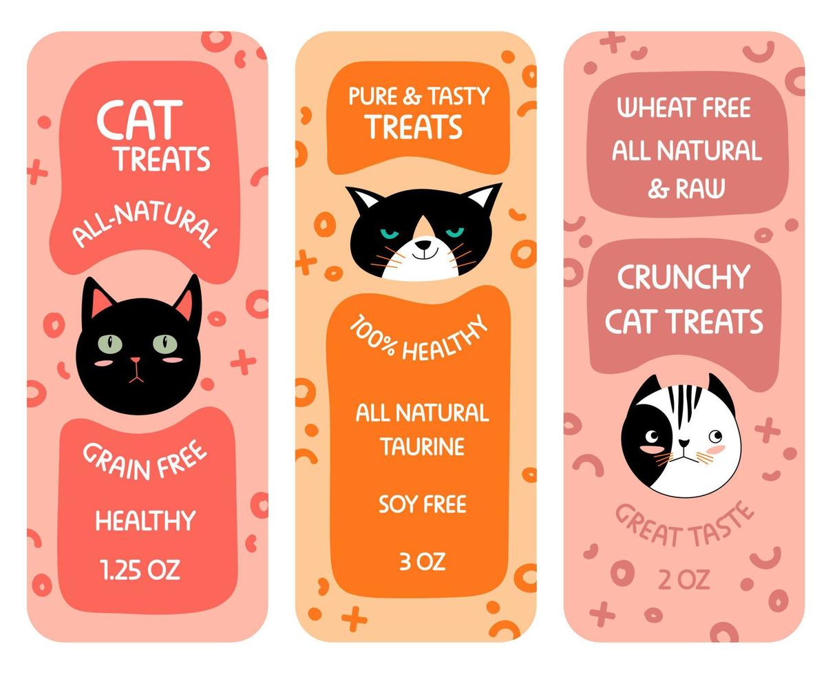 Treats for cats, pure and tasty products labels vector