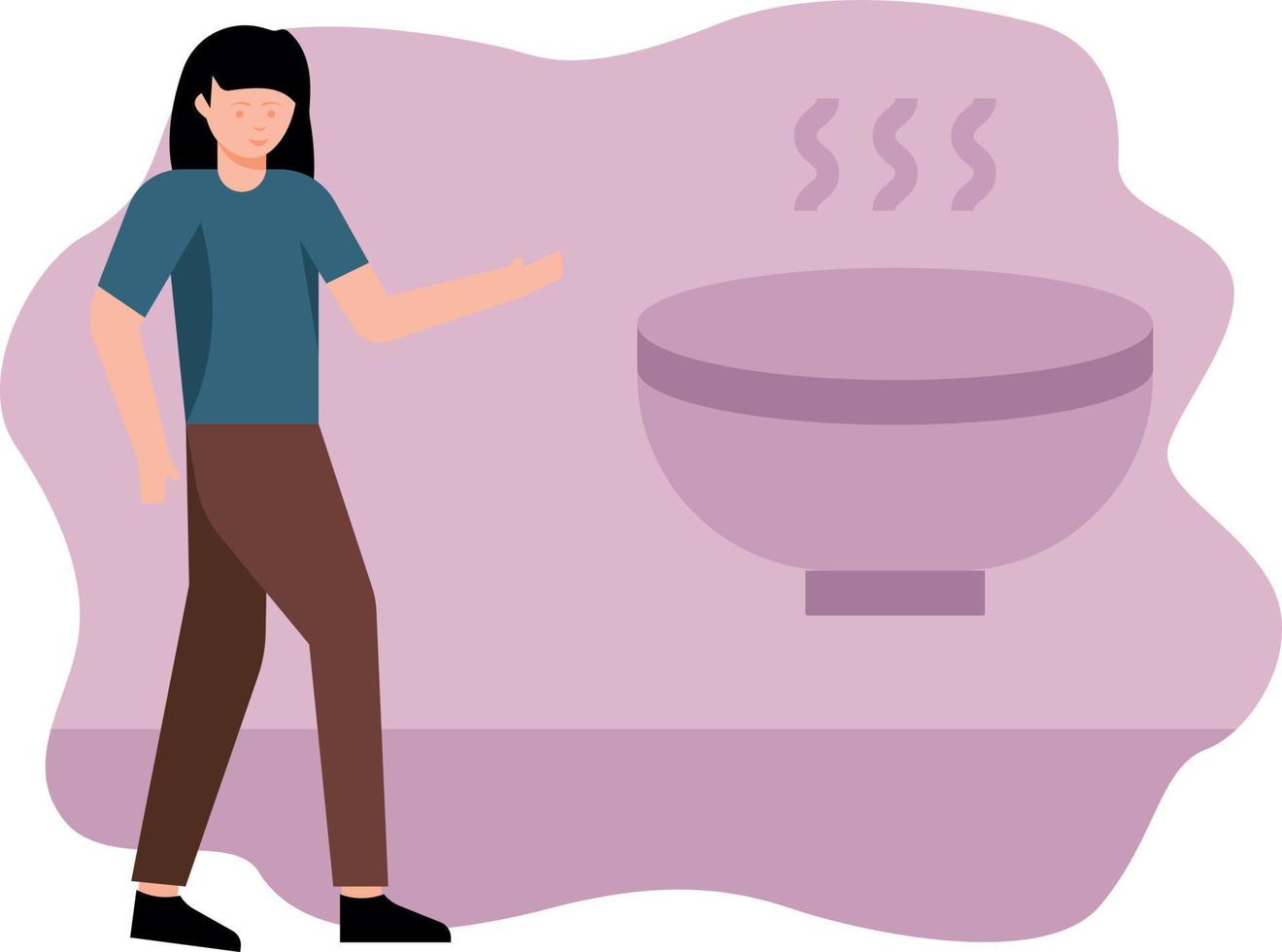 The girl is pointing to the hot bowl. vector