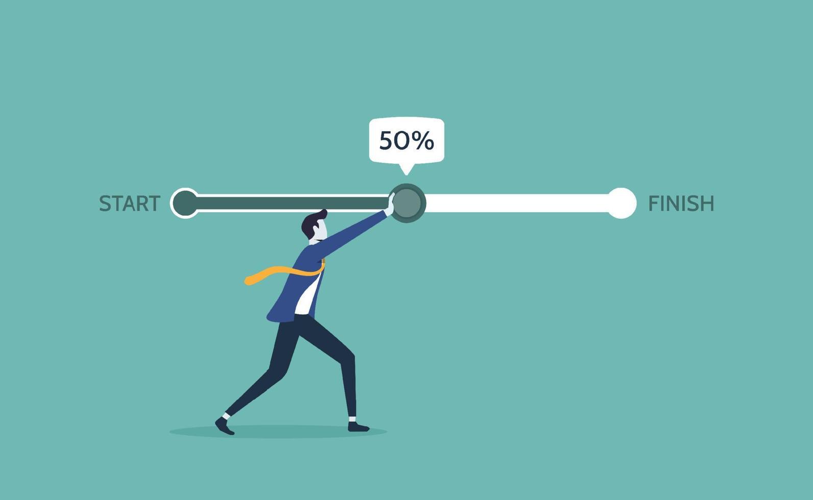 Working accomplishment concept, effort to finish work in deadline, businessman pushes working progress bar to finish indicator, working project progress, ambition or career challenge to achieve vector