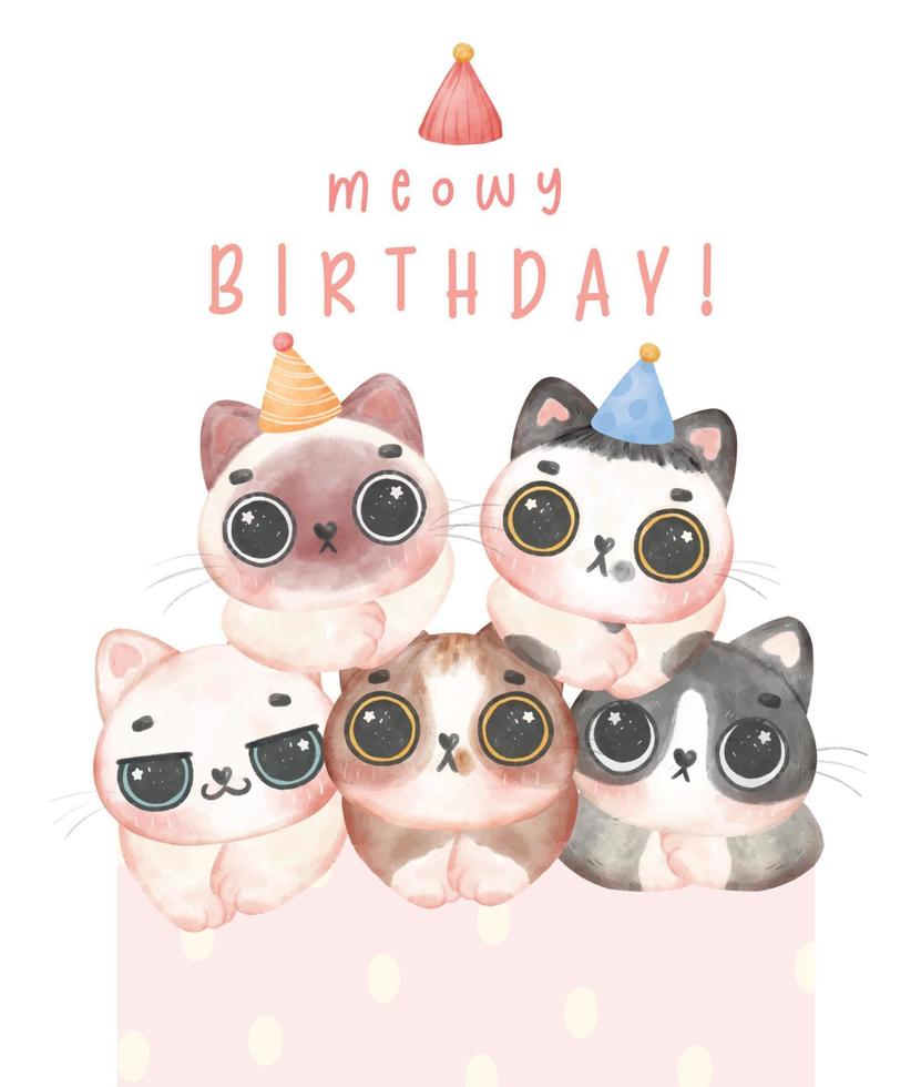 Group of adorable birthday kitten cats head in different breeds Meowy birthday watercolor illustration greeting card vector