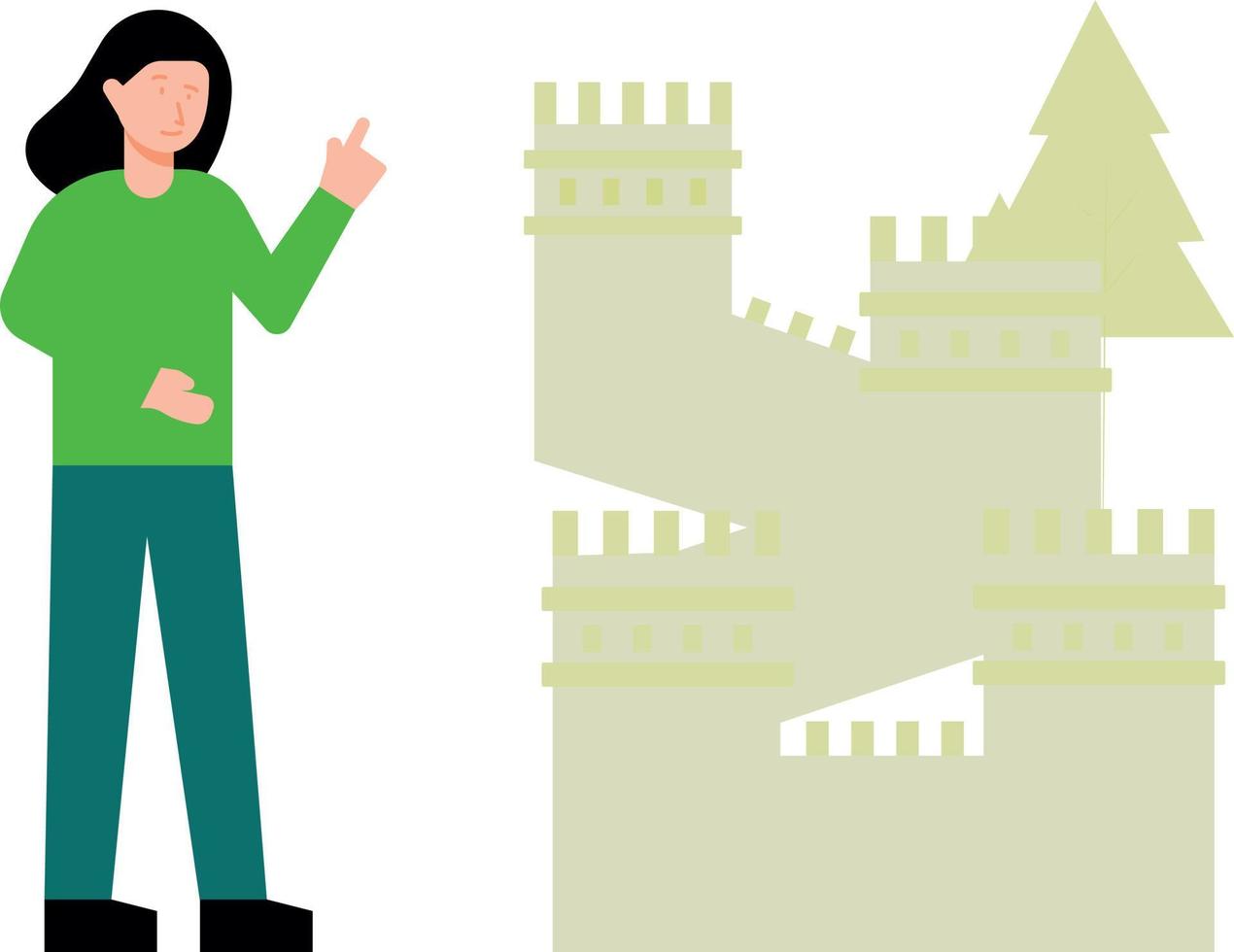 The girl is looking at the Chinese wall. vector