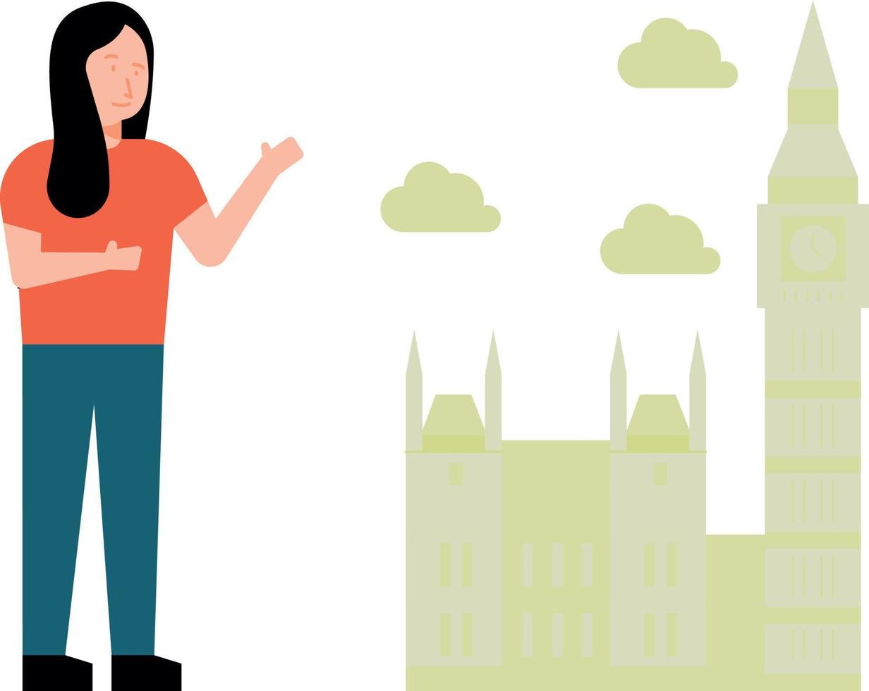 Girl showing Big Ben tower in London. vector