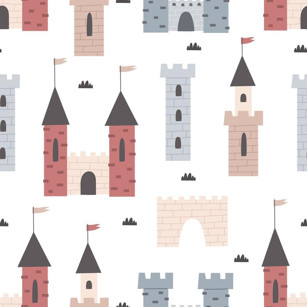 Seamless pattern with cartoon castle, decorative elements. Flat style colorful vector illustration for kids. hand drawing. baby design for fabric, textile, print, wrapper.
