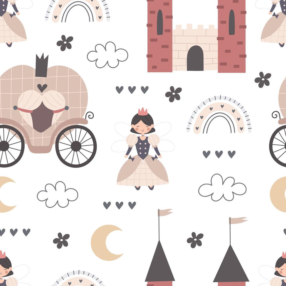 Seamless pattern with cartoon princess, castle, coach, decorative elements. Flat style colorful vector illustration for kids. hand drawing.