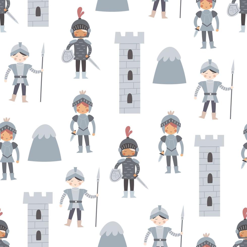 Seamless pattern with cartoon knights, castle, decorative elements. Flat style colorful vector illustration for kids. hand drawing. baby design for fabric, textile, print, wrapper.