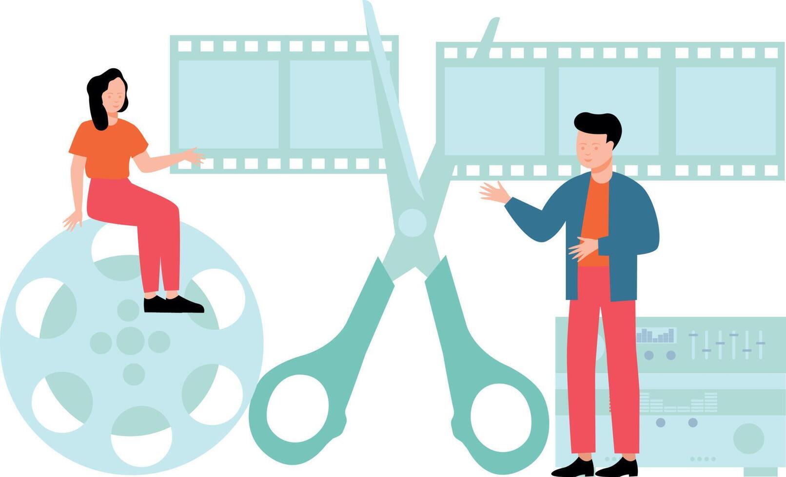 A boy and a girl are cutting a film reel. vector