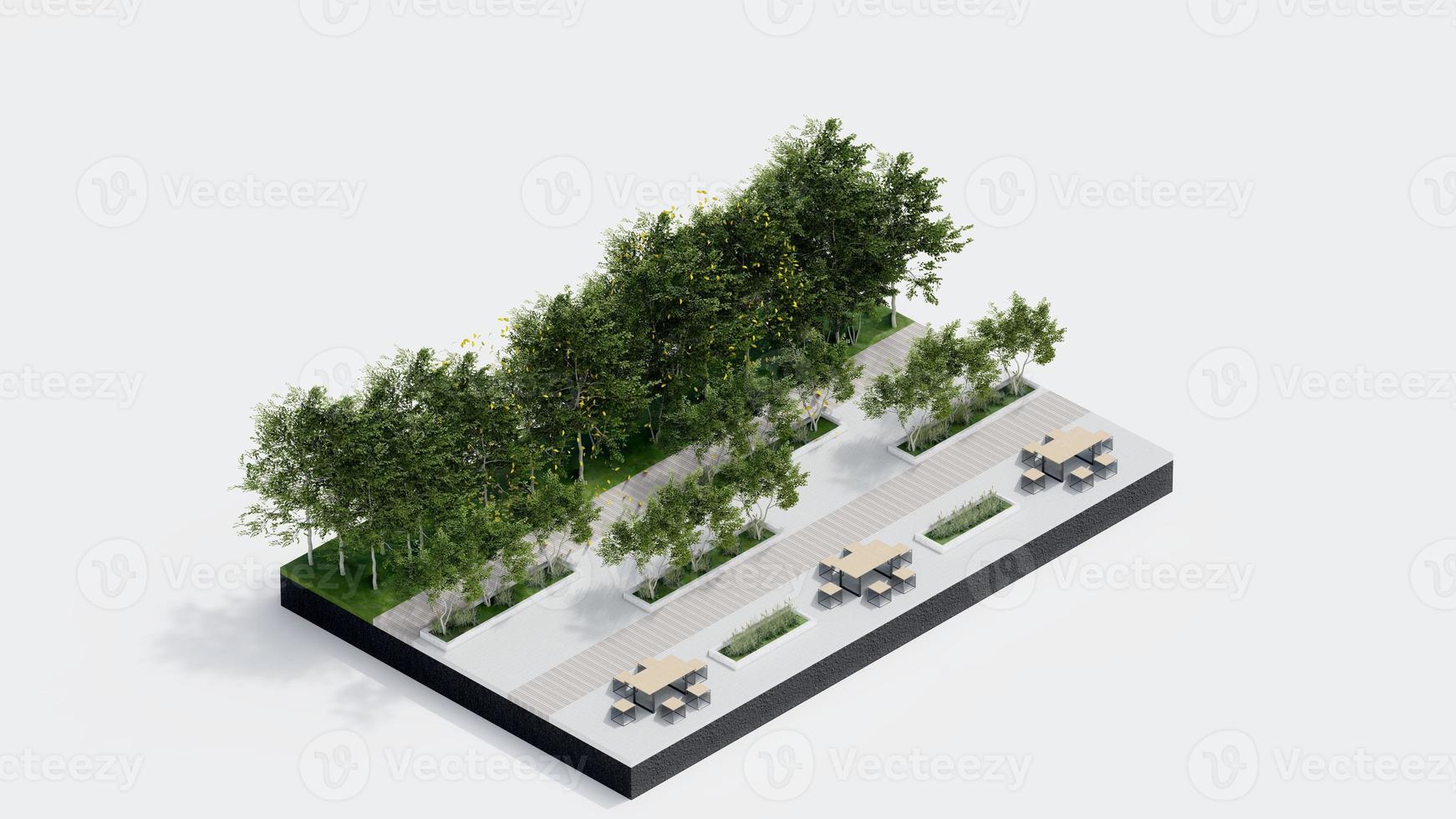 ambiente isométrica parque naturaleza. isométrica ambiental sostenible paisaje bosque con personas descansar, 3d hacer ilustración. ambiente con árbol, césped hoja, río, sendero en blanco aislado. foto