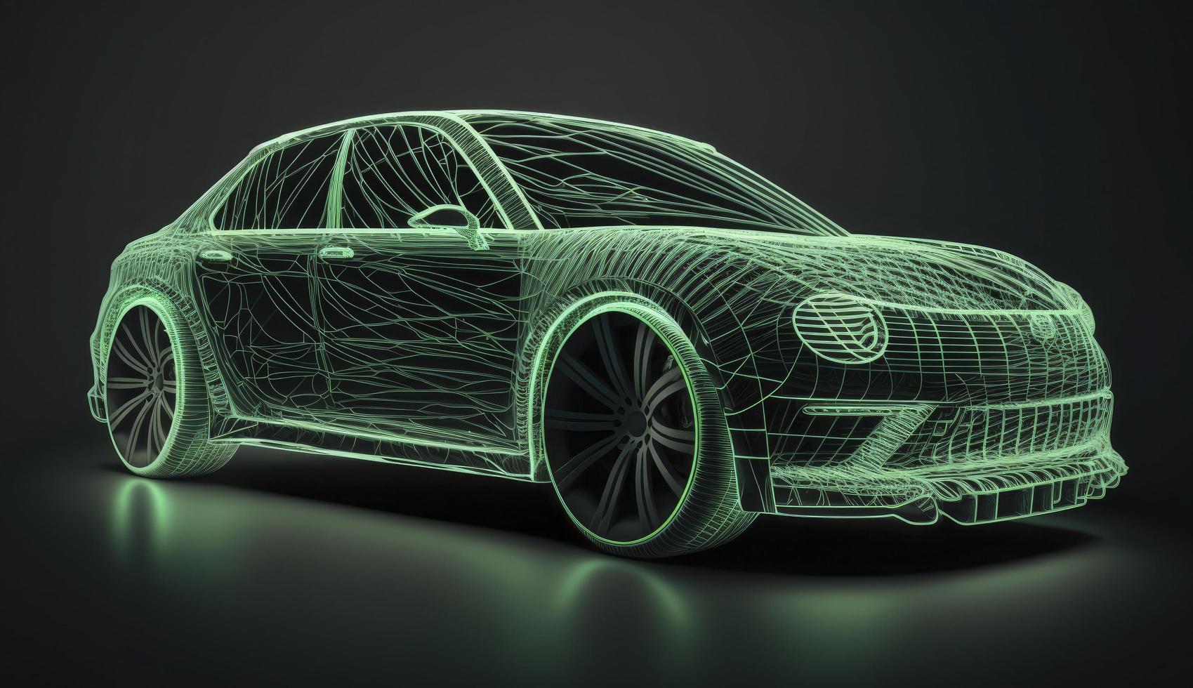 Augmented reality of wireframe car concept on the road and futuristic city on the background. Professional 3d rendering of own designed generic non existing car model, Generate Ai photo