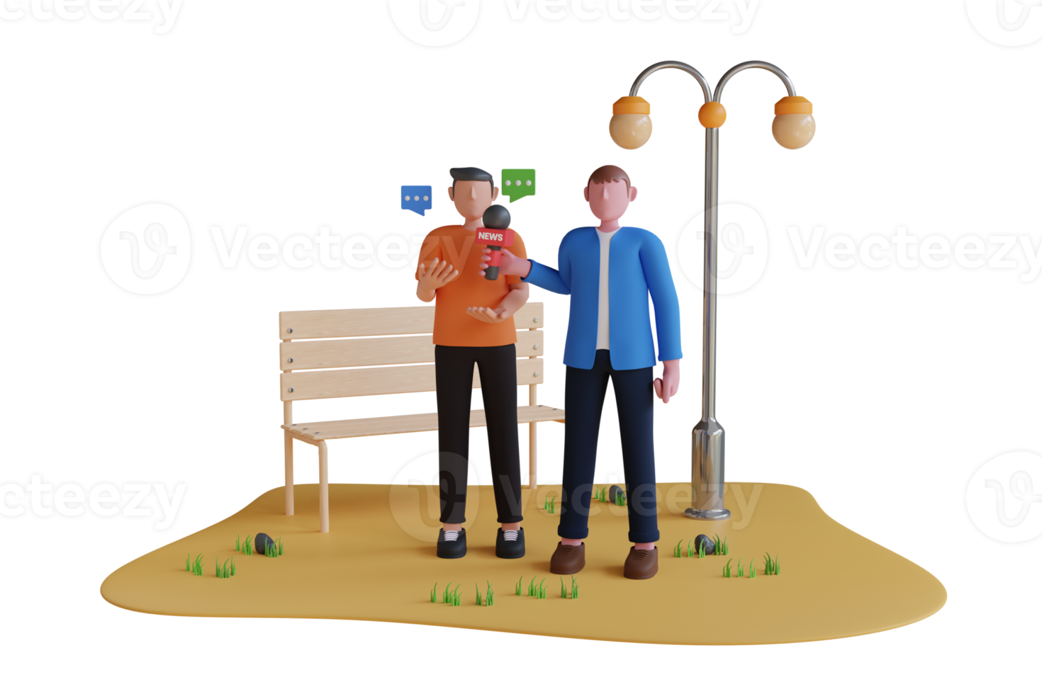 3d mannetje verslaggever met microfoon afnemen van interviews een Mens. TV leven rapport. journalist nemen interview van Mens. 3d illustratie png