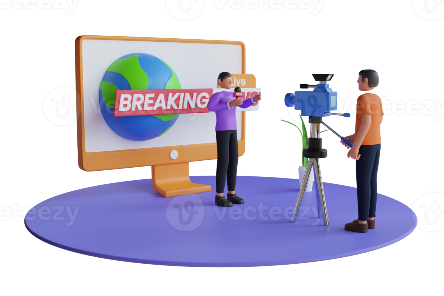 3d man holding a microphone with reporting news and cameraman shooting for breaking news. Television presenter in front telling breaking news. 3D Illustration png