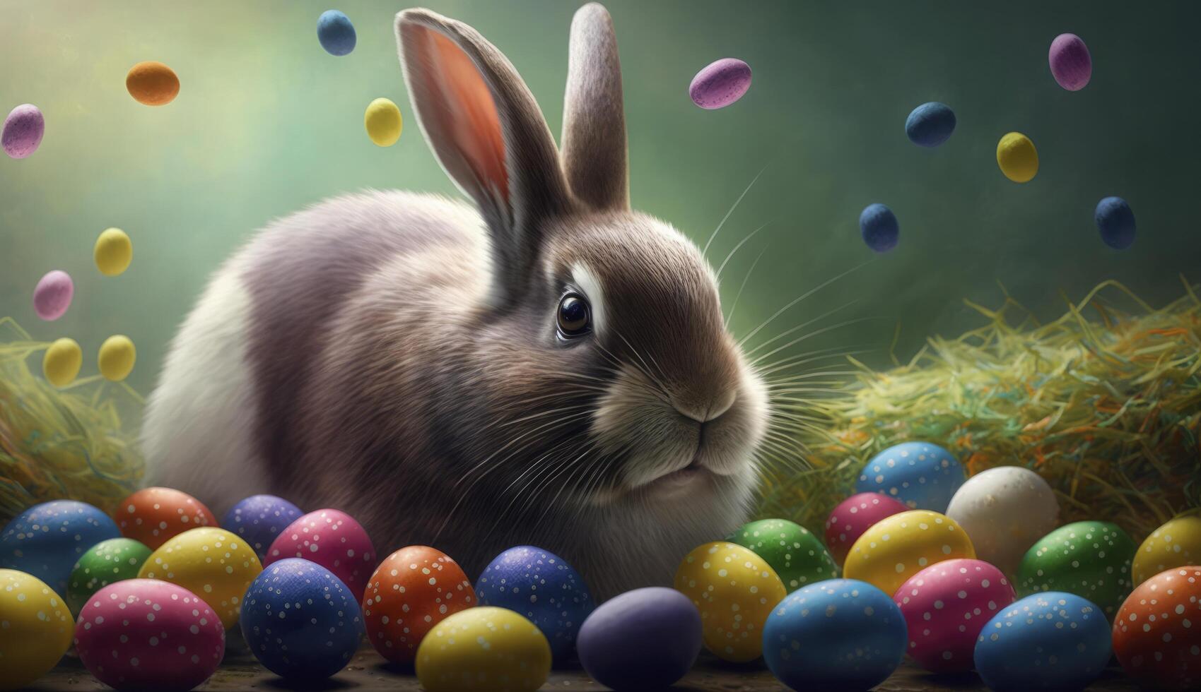 Happy Easter Bunny with many colorful easter eggs. . photo