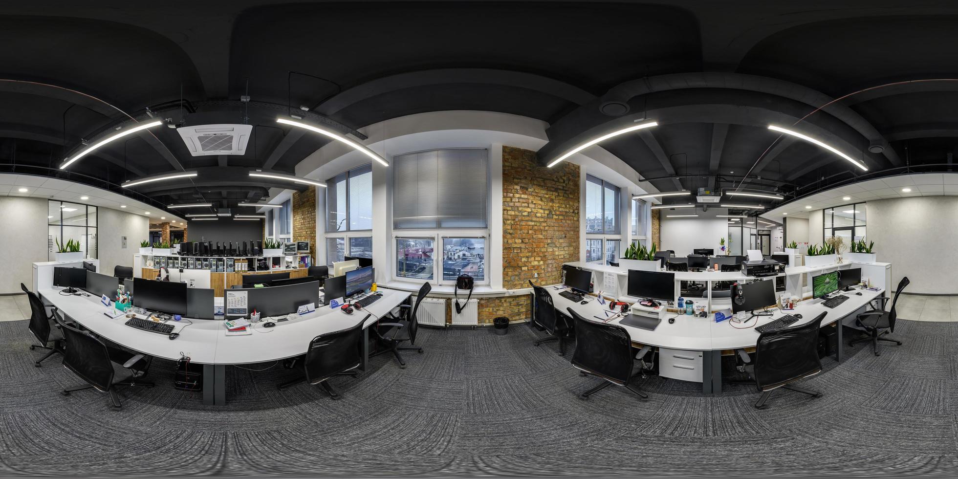 full seamless spherical hdri 360 panorama in interior work room in modern coworking office in equirectangular projection. VR content photo