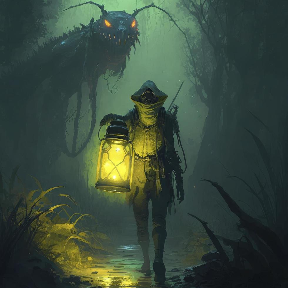 Brave hero lights way with lantern, stands in front of huge spider with sting, glowing yellow mouth with sharp teeth stands its paws in swampy dead landscape, generate ai photo