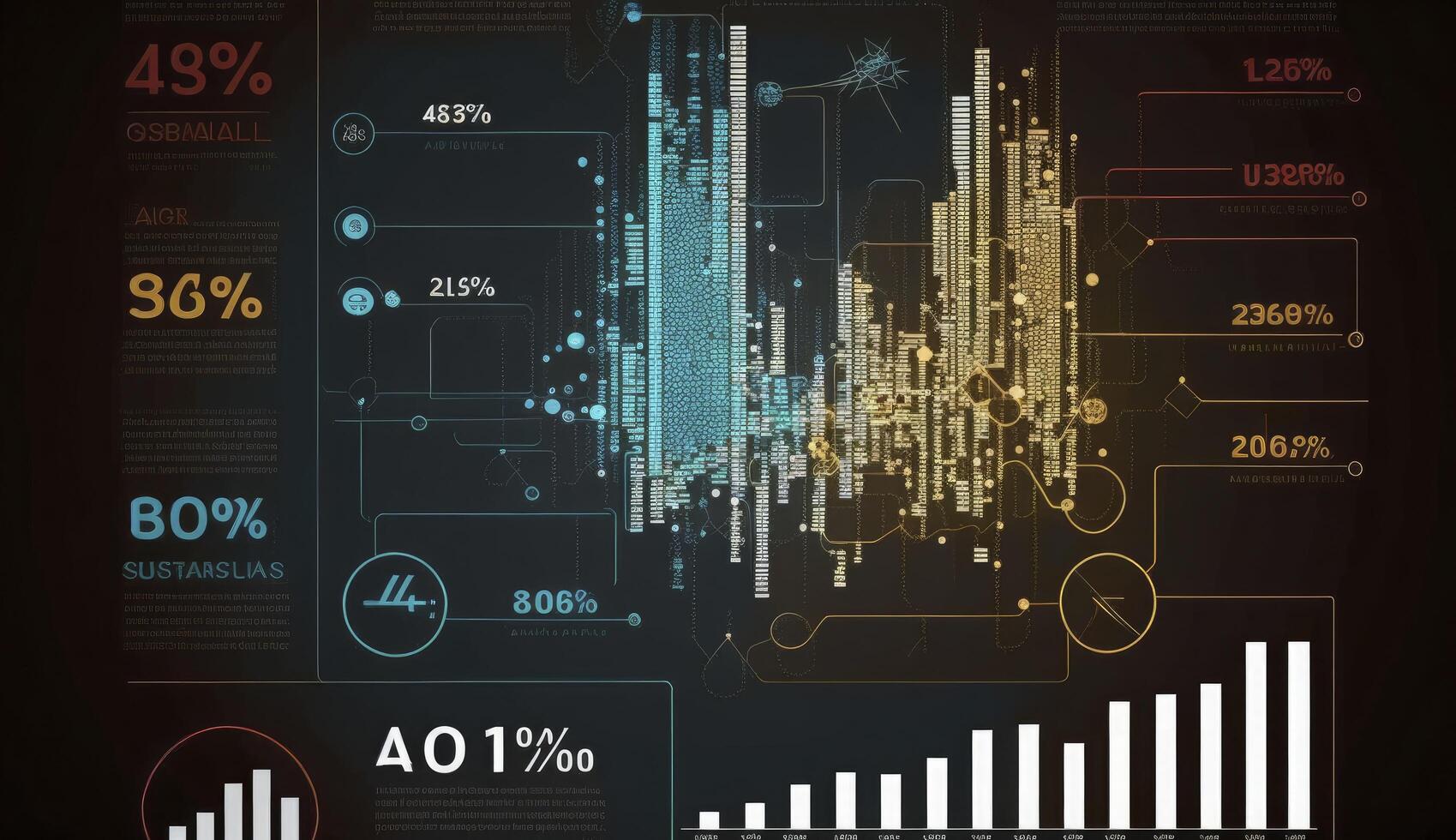 Big data analytics report. Infographic with graph and chart on abstract background. Distribution of data by business categories. Created with photo