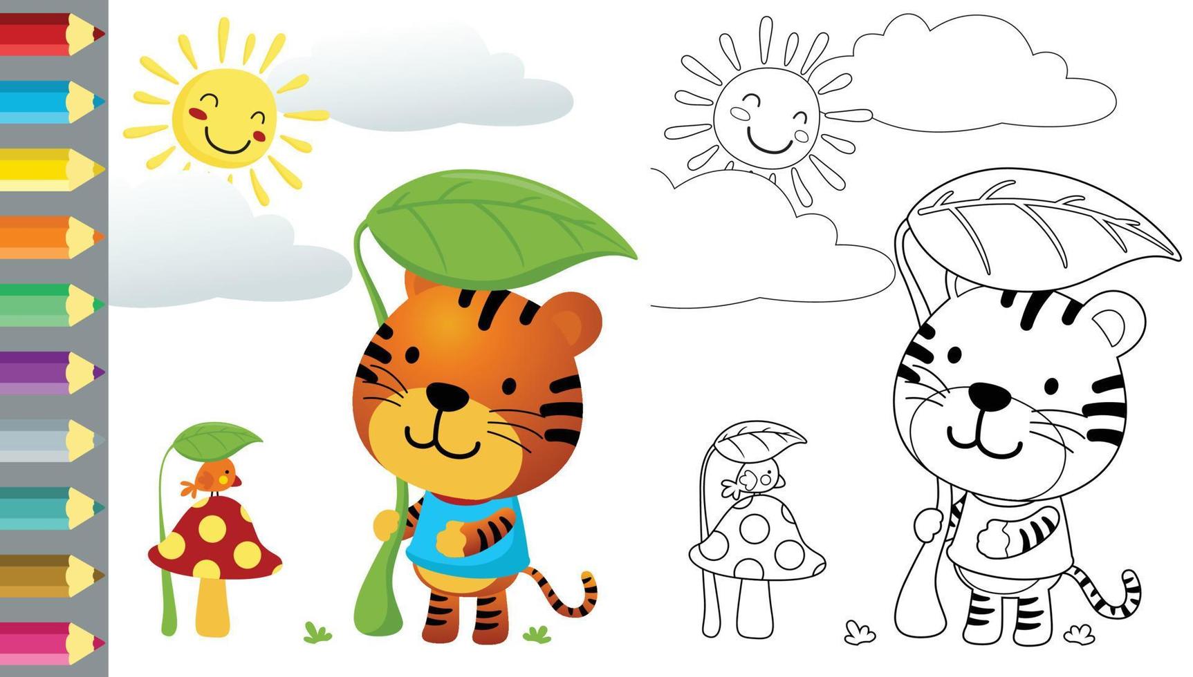 vector dibujos animados de gracioso Tigre y pequeño pájaro ocultación desde flameante Dom utilizando hoja, colorante libro o página