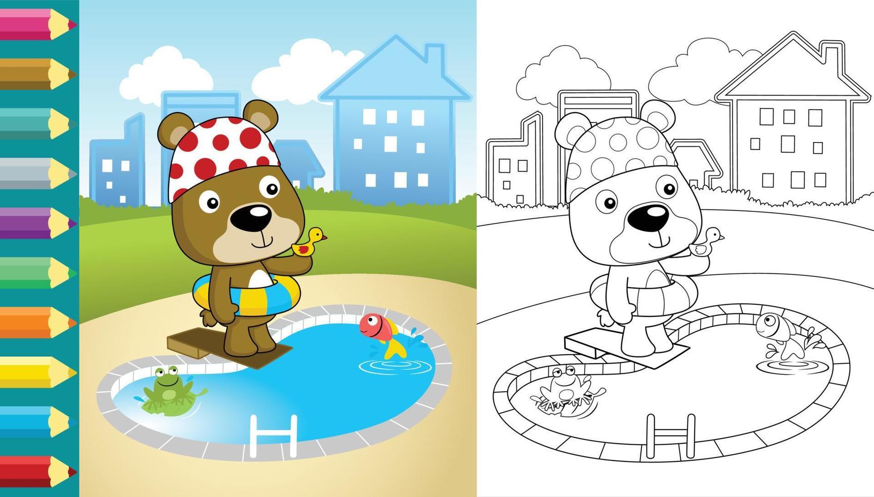 Vector cartoon of funny bear in swimming pool with frog and fish on building background, coloring book or page