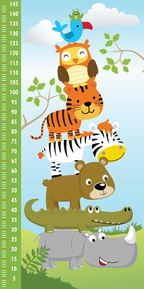 Height measurement wall with pile of funny animals cartoon in forest vector