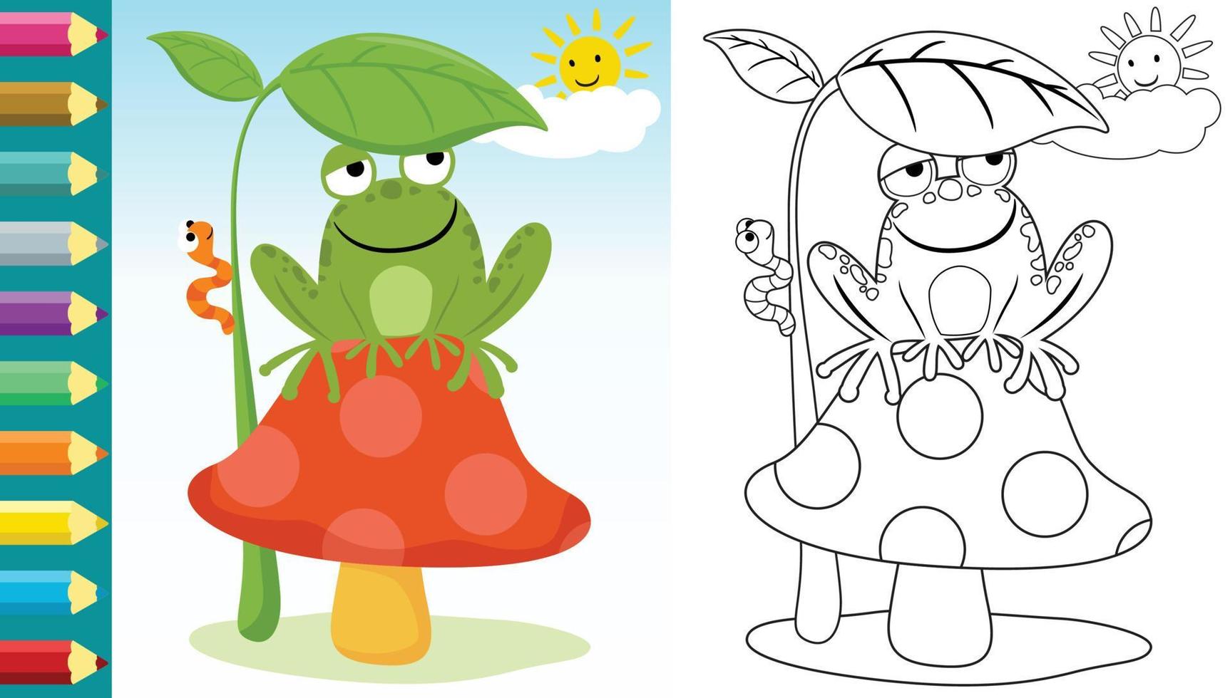 Vector cartoon of frog sitting on mushroom with caterpillar hiding from blazing sun under leaf, coloring book or page