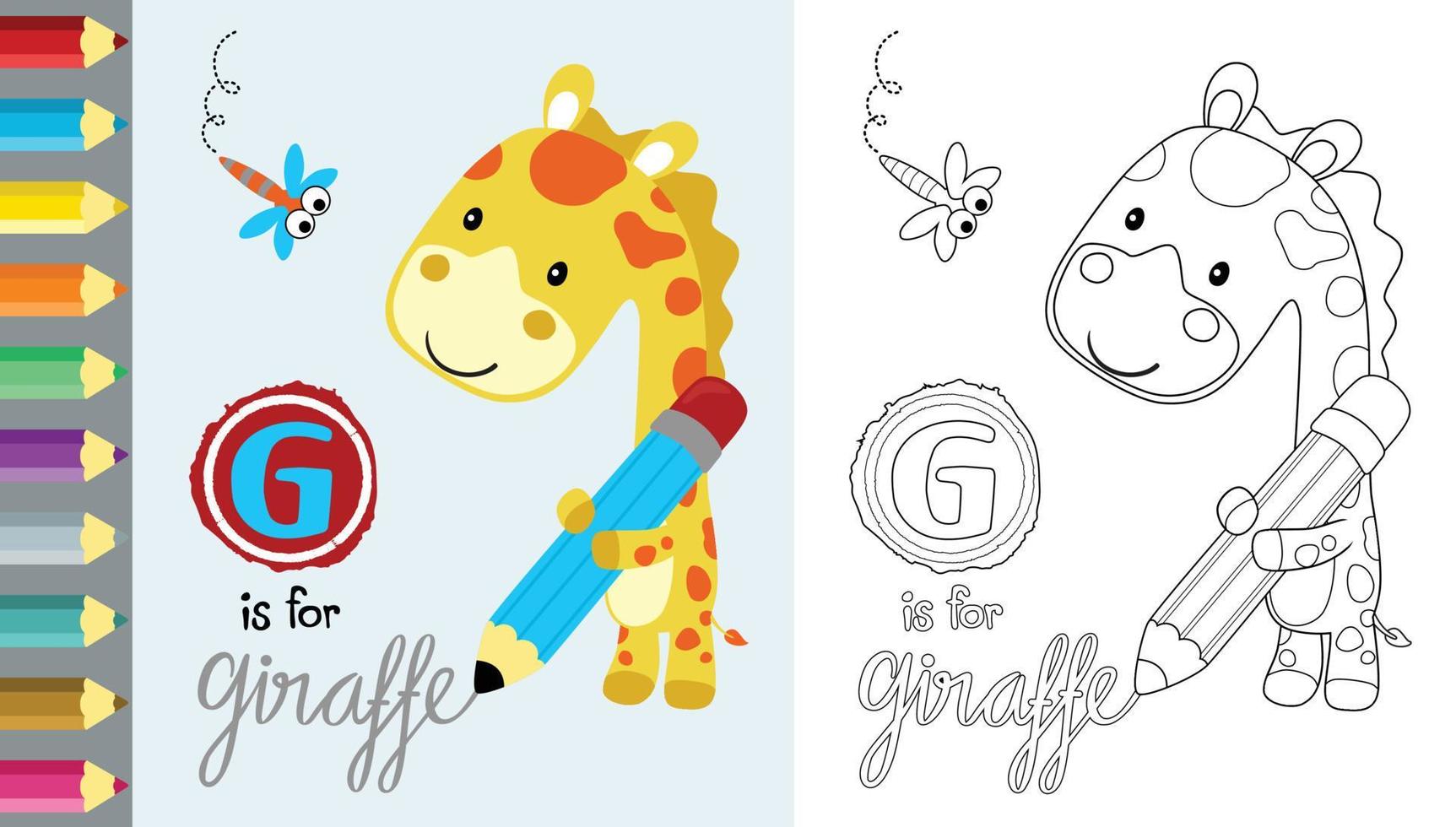 vector dibujos animados de jirafa participación grande lápiz, pequeño libélula volador, colorante libro o página