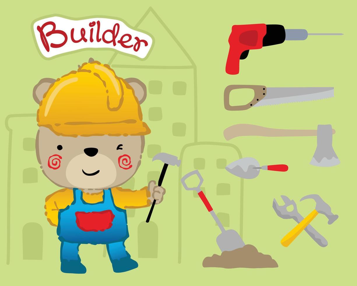 Vector cartoon of bear in builder costume with builder tools