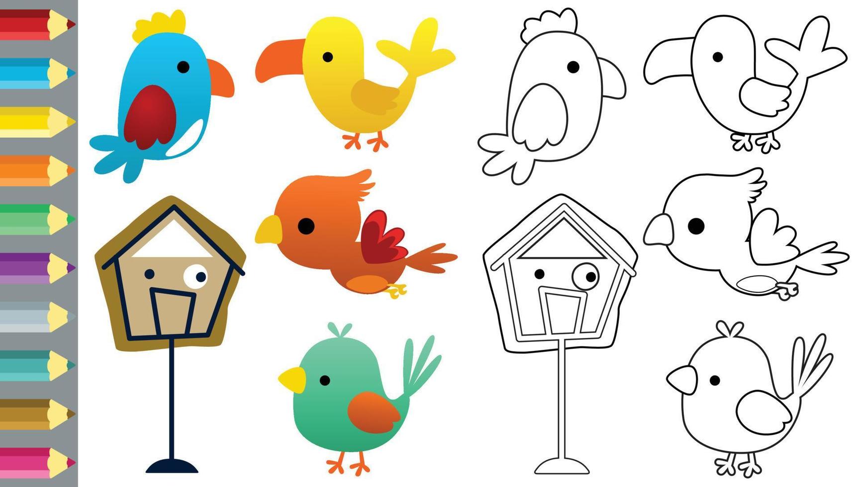 Vector cartoon set of funny birds with it cage, coloring book or page