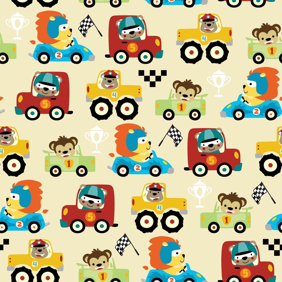 Seamless pattern vector of car racing cartoon with funny animals driver, car racing elements illustration