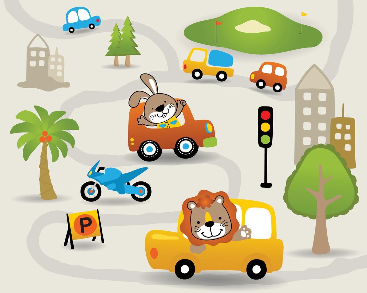 Vector cartoon of vehicle cartoon with funny animals driver, little town traffic elements