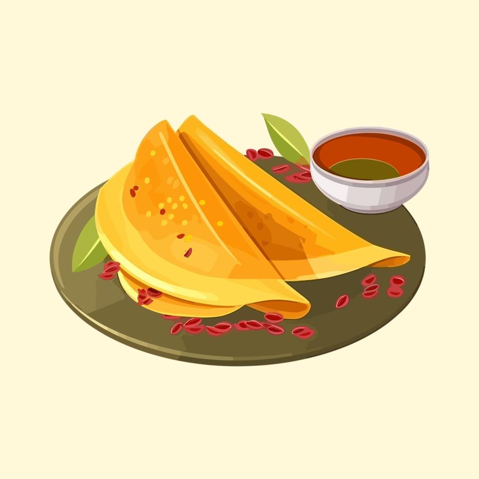 Masala Dosa, famous Indian food with traditional sauce vector