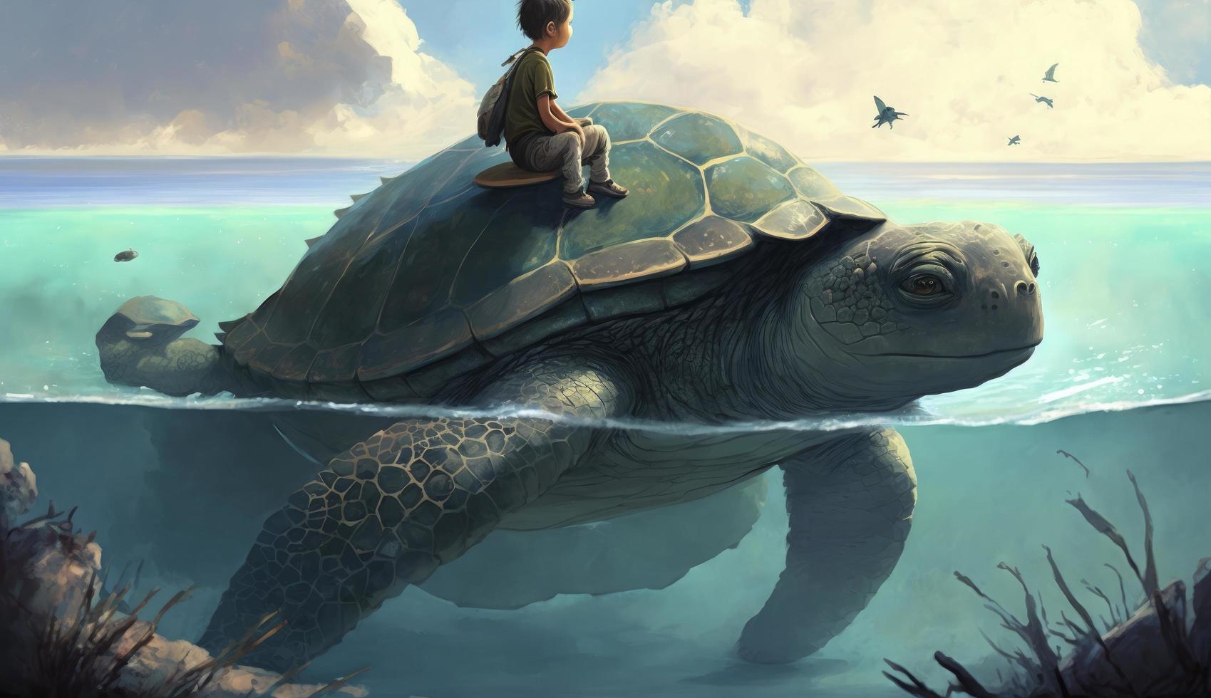 Illustration painting of Boy Sitting on giant tortoise in the ocean, digital painting , generate ai photo