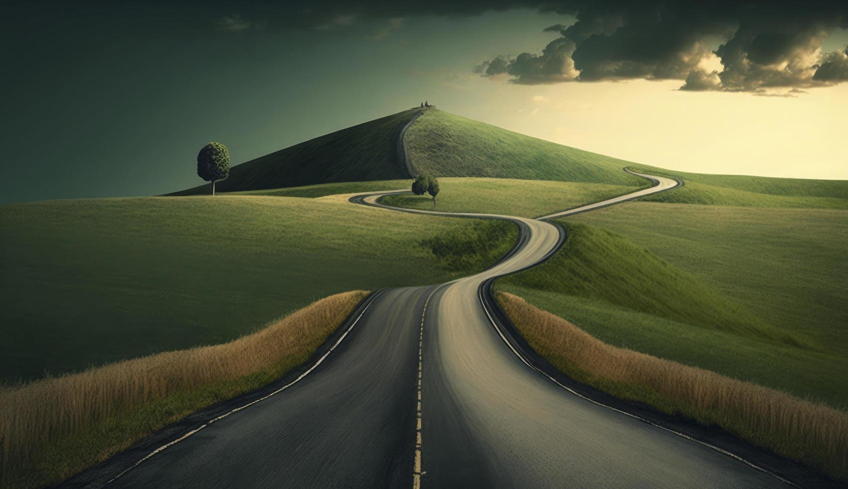 Endless road along green grassland, Generate Ai photo