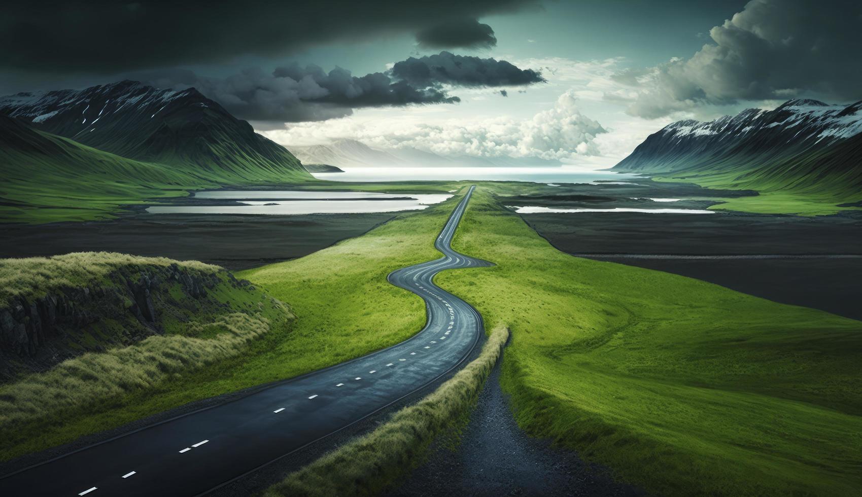 Endless road along green grassland, Generate Ai photo