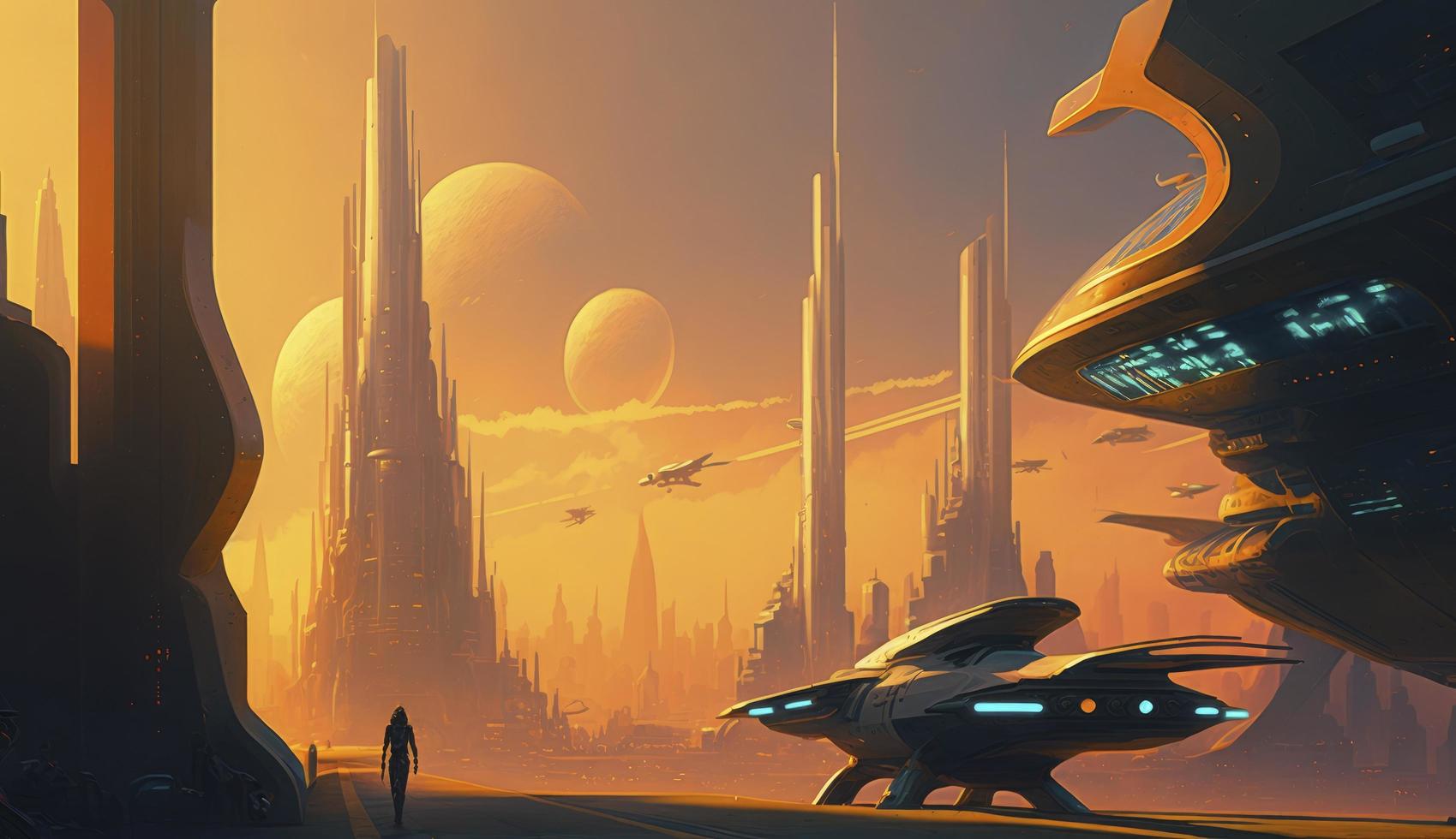 A scene from a futuristic city, inspired by Syd Meads concept art, with towering skyscrapers, sleek robots, and glowing holograms, as a sleek spaceship hovers in the background, Generate Ai photo