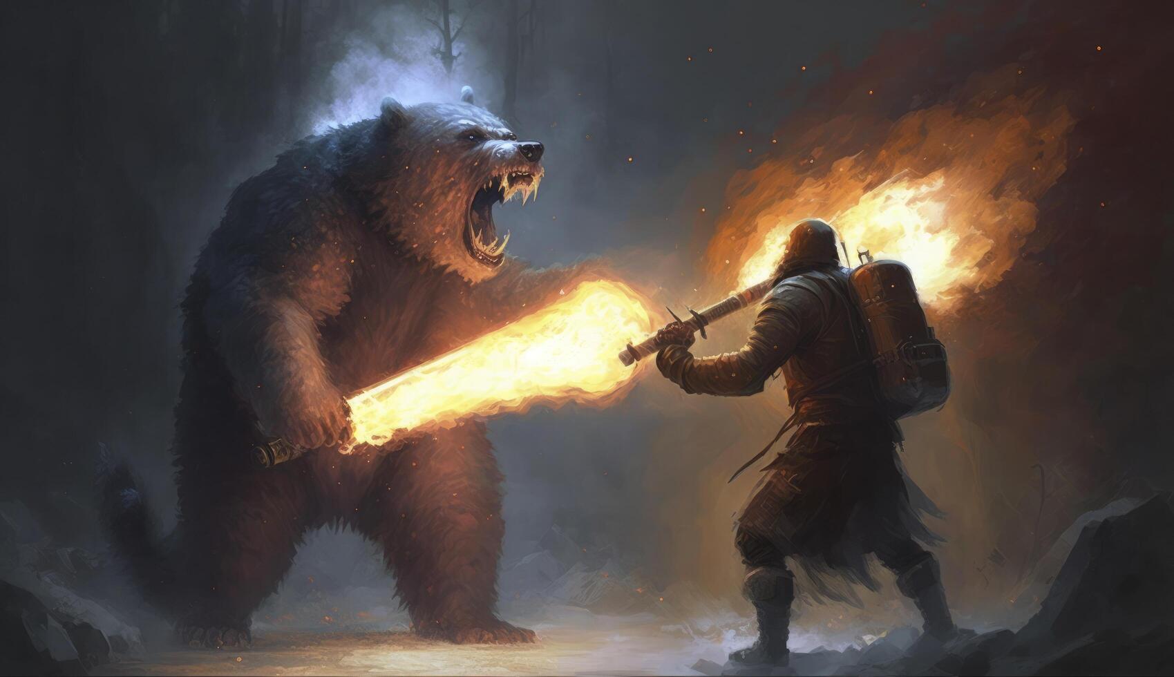 illustration painting of a man with a flamethrower fighting with a demon bear, digital art style. photo