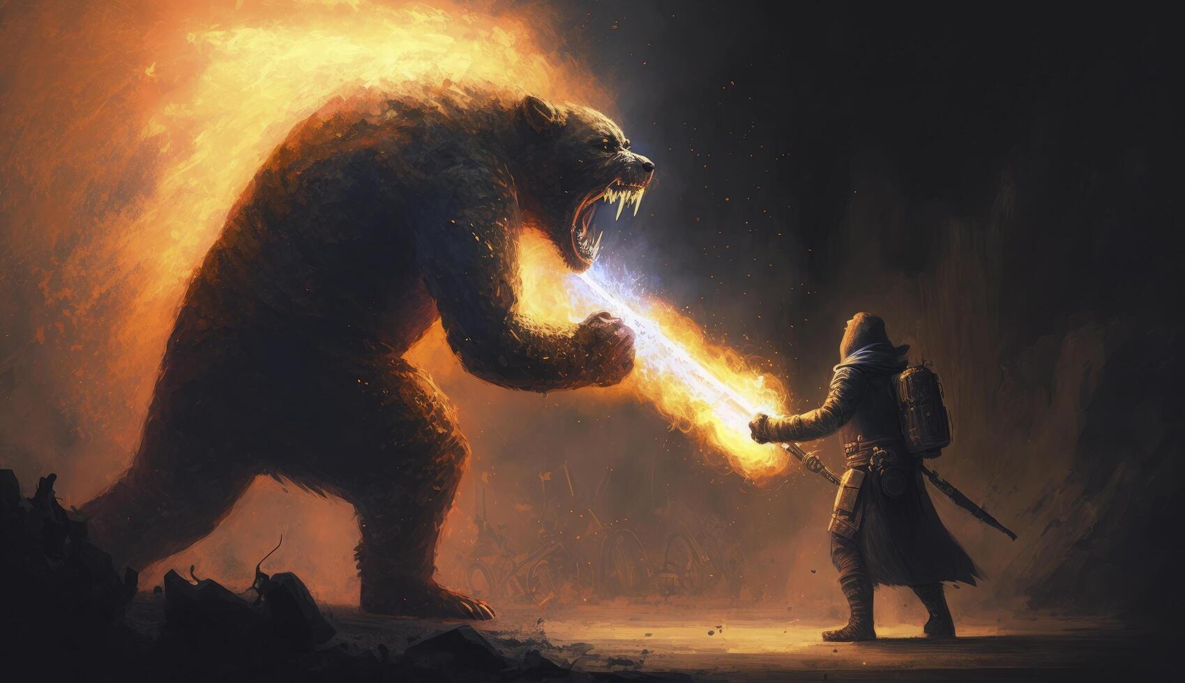 illustration painting of a man with a flamethrower fighting with a demon bear, digital art style. photo