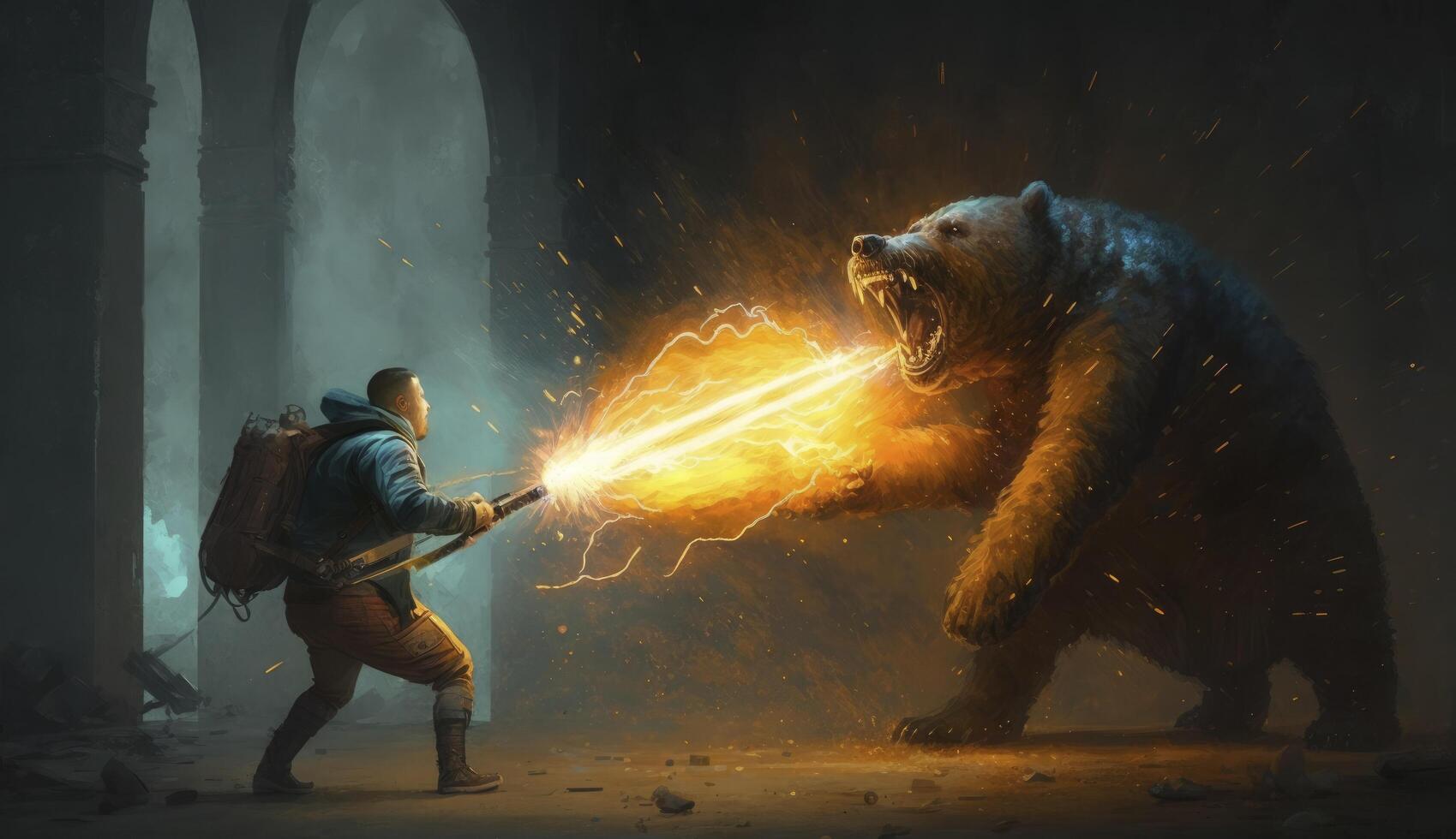 illustration painting of a man with a flamethrower fighting with a demon bear, digital art style. photo