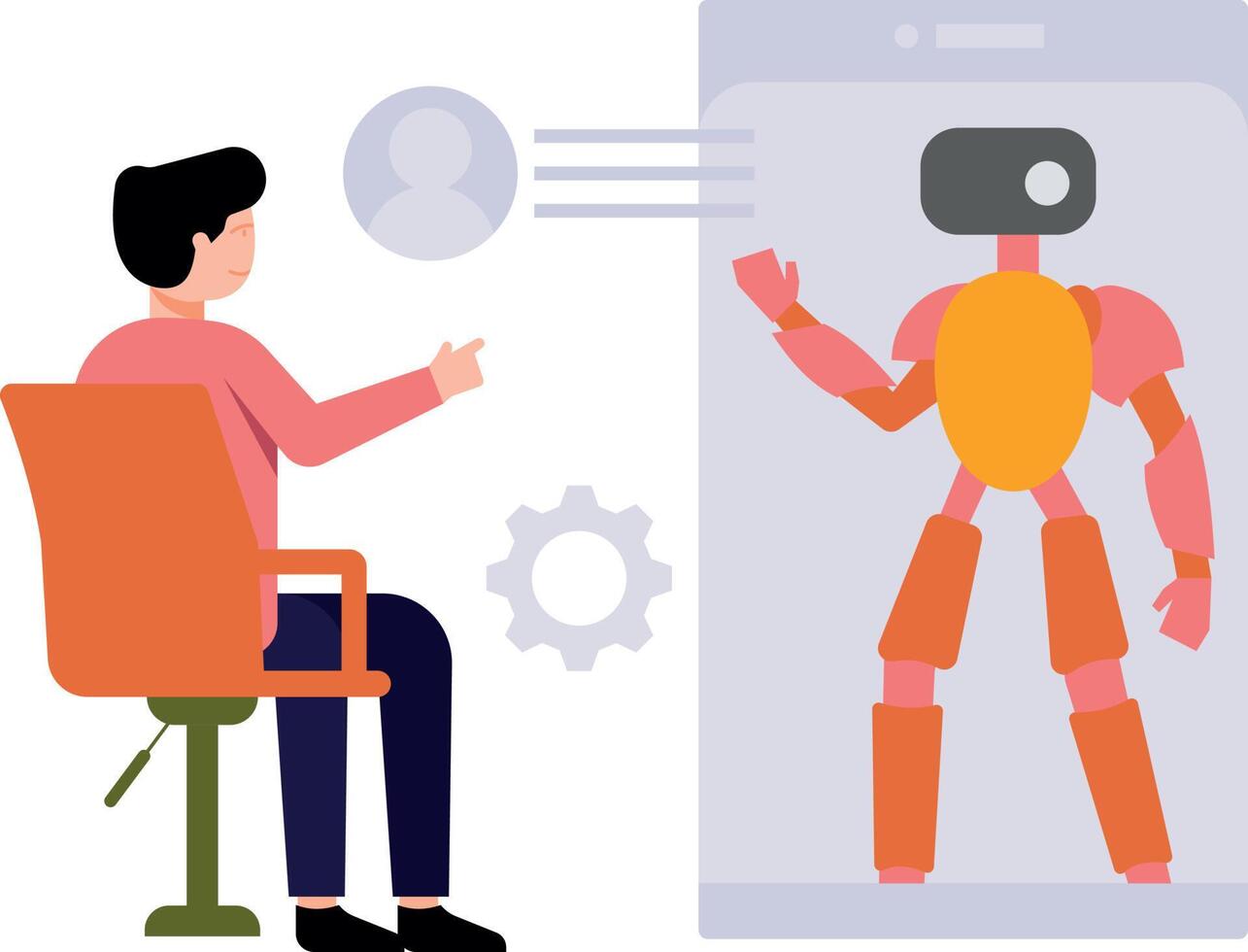 Boy talking to robot on mobile. vector