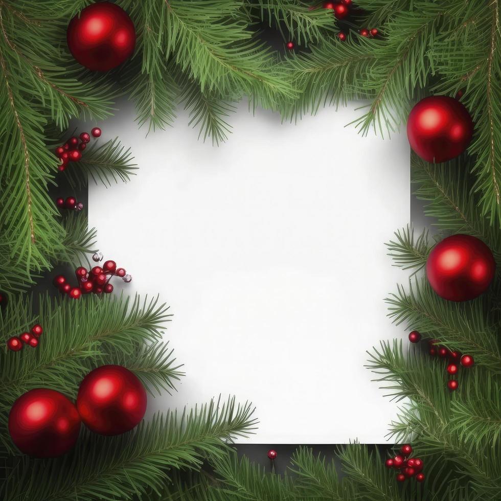 Fir tree branches with red christmas balls frame stock photo Christmas, generate ai