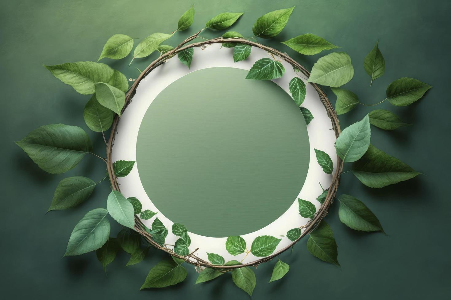 Empty white summer and spring nature background with fresh green leaves and circle frame, generate ai photo
