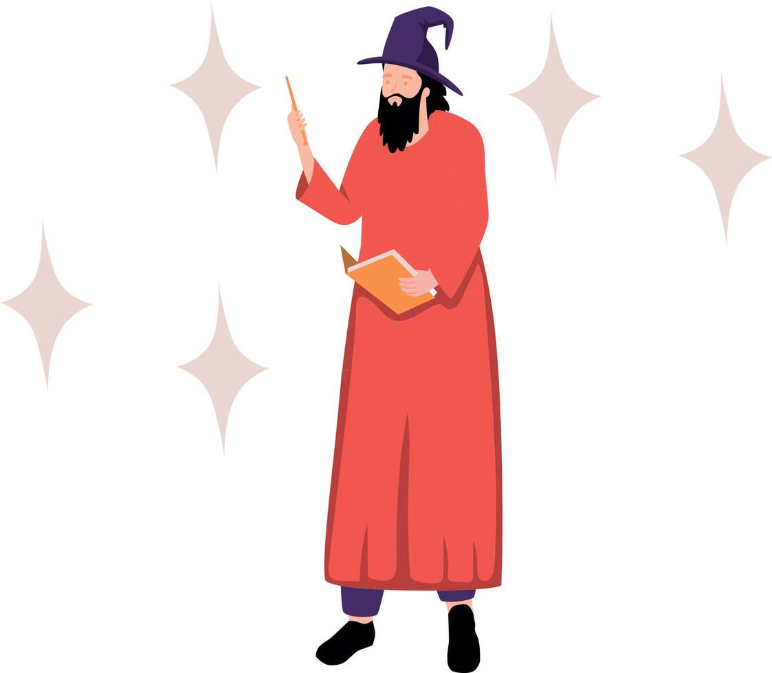 antiguo hombre participación magia libro y varita mágica. vector