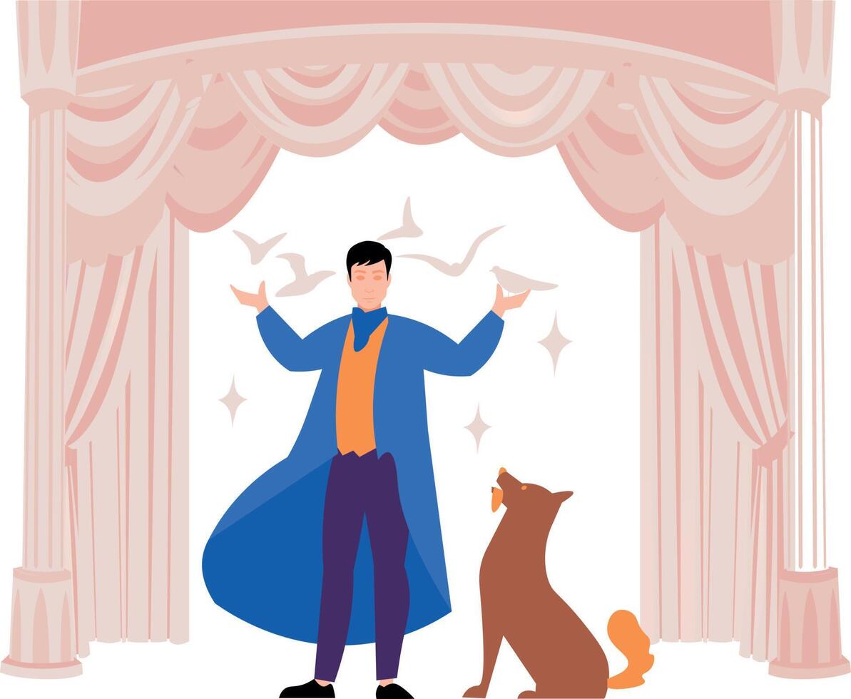 A magician performing magic tricks with a pet. vector