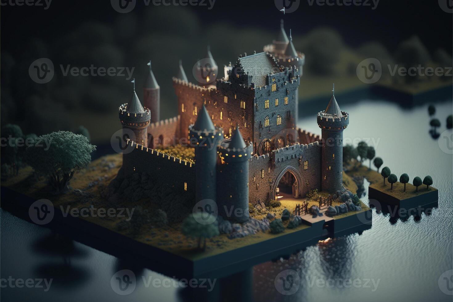 model of a castle sitting on top of a body of water. . photo