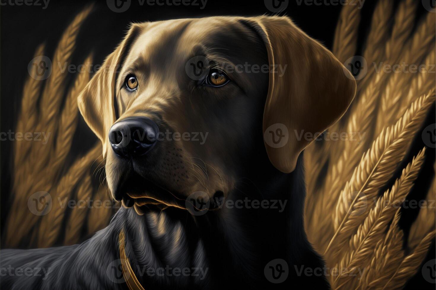 painting of a dog in a field of wheat. . photo