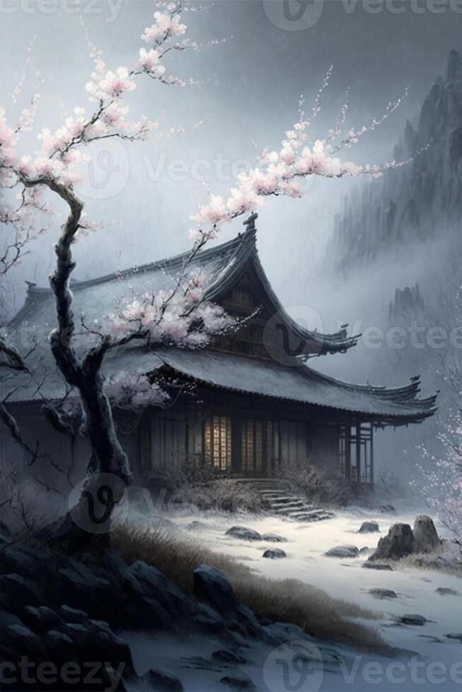 painting of a japanese house in the snow. . photo