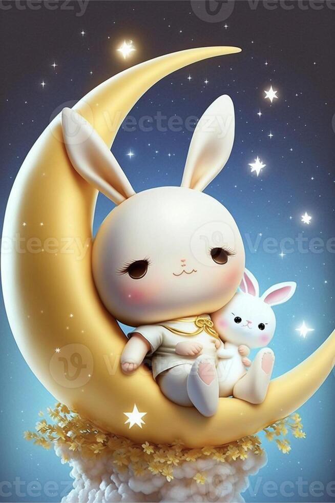 cartoon bunny is sitting on the moon. . photo