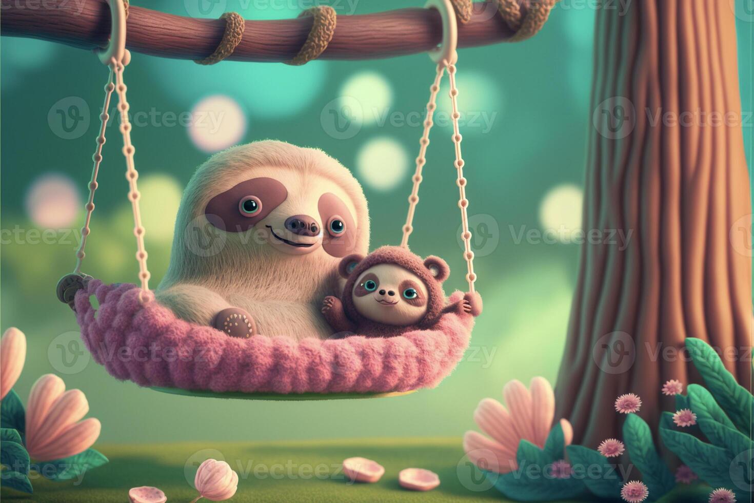 cartoon sloth sitting on a swing with a baby sloth. . photo