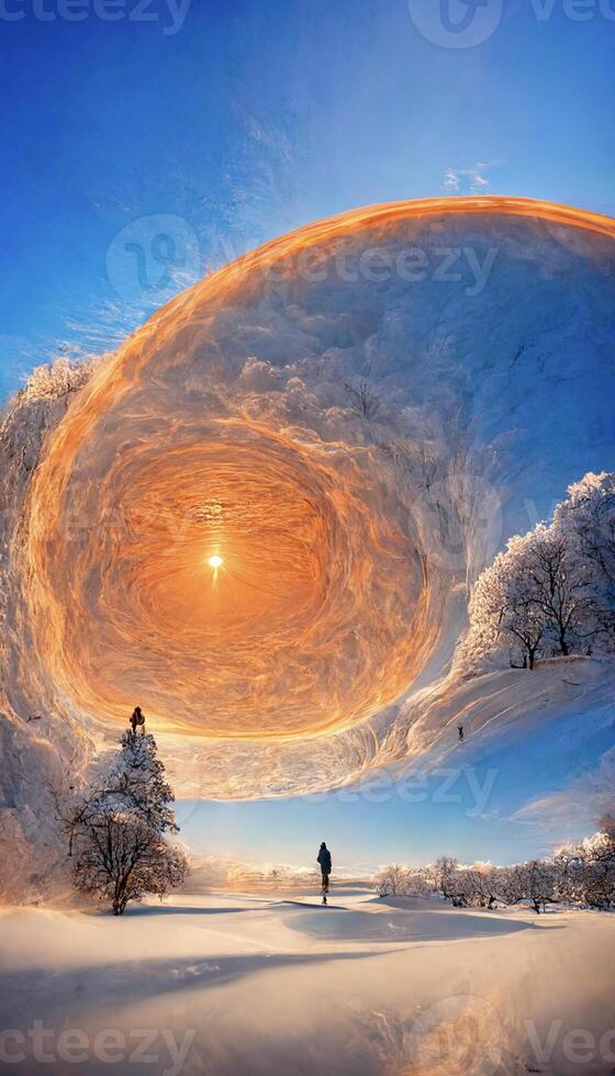 person standing in the middle of a snow covered field. . photo