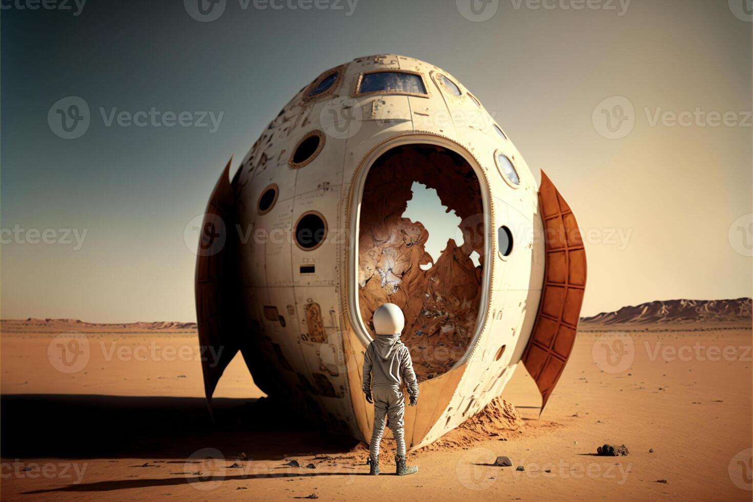 person standing in front of an object in the desert. . photo