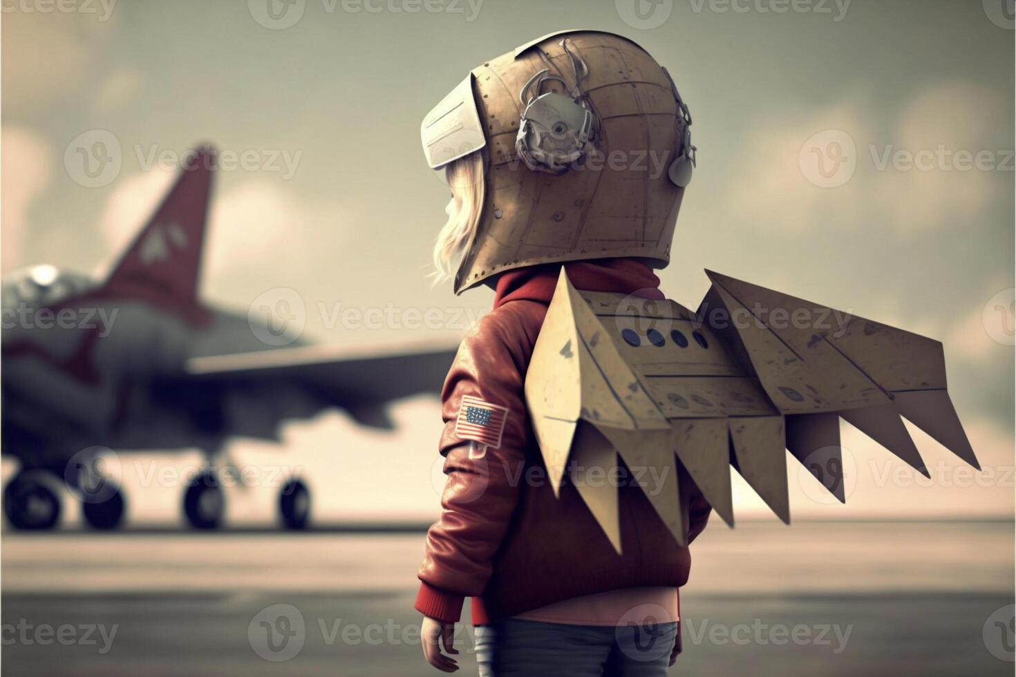 person wearing a cardboard costume standing in front of an airplane. . photo